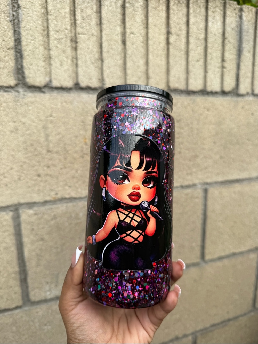 Glittery Black & Purple Microphone Doll Tumbler(Selena)